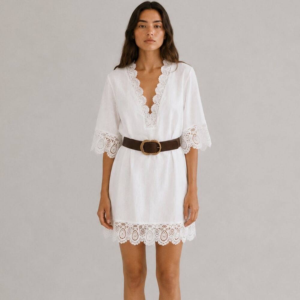 Oyrosy Lace Mini Dress Womens XS White Linen V-neck Mid-length Sleeve Belted NWT